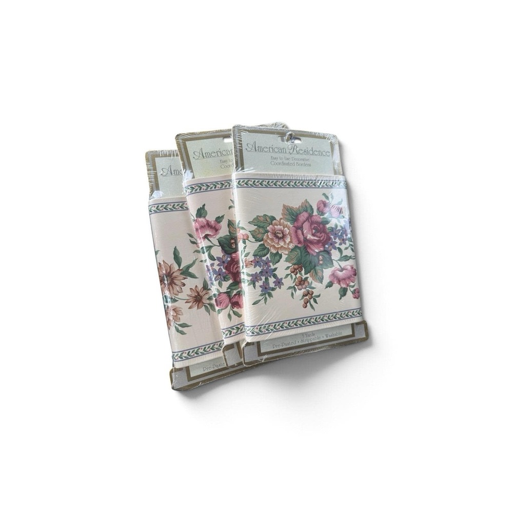 Lot of 3 Vintage American Residence Floral Wallpaper Border Pink Peach Roses